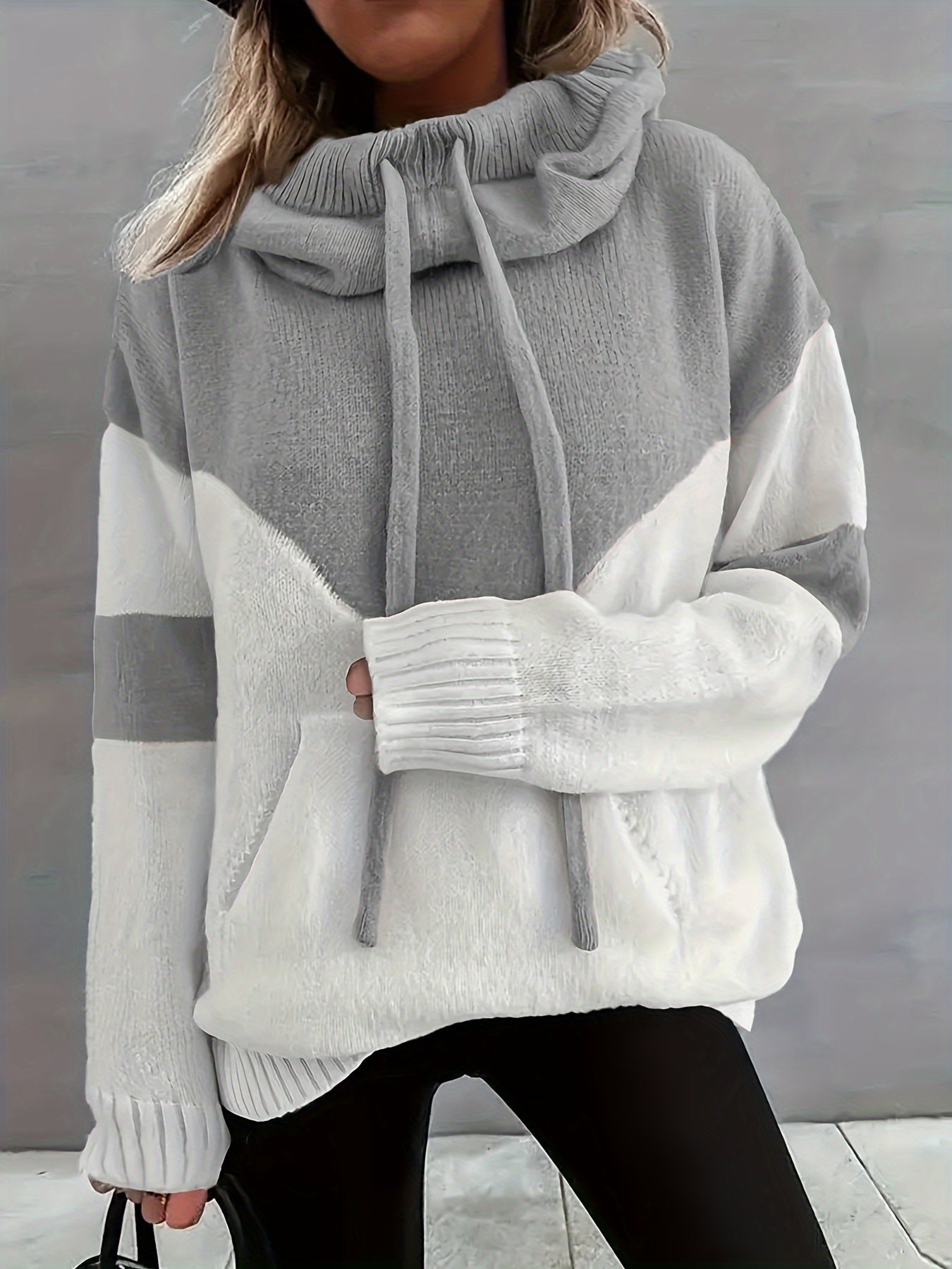 Color Block Drawstring Hooded Sweatshirt, Women's Long Sleeve Casual Pullover Sweater with Pocket